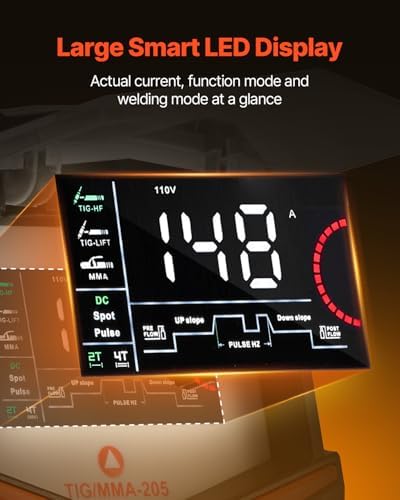 VEVOR TIG Welder, 205A 3-In-1 Welding Machine (Large LED Display)- DC TIG/DC Pulse TIG/MMA(Stick), 110&220V Dual Voltage Electric Welder with IGBT Inverter High-Frequency Start