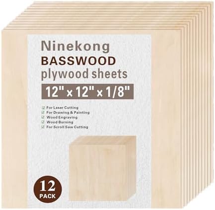 12 Pack Basswood Sheets 1/8 inch,12"x12"x1/8" Plywood Sheets,3mm Basswood for Laser Cutting,Laser Engraving Blanks,Thin Natural Unfinished Wood for Crafts,Wood Burning,Scroll Saw Cutting