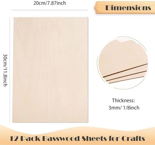 AWIZOM 12 Pack Basswood Sheets for Crafts-12 x 8 x 1/8 Inch- 3mm Thick Plywood Sheets with Smooth Surfaces-Unfinished Wood Boards for Laser Cutting, Wood Burning, Architectural Models, Staining