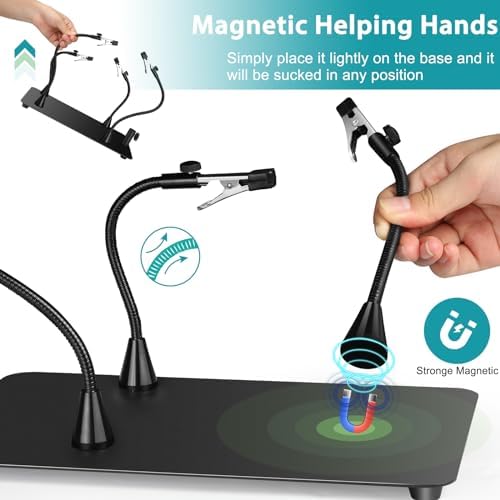 Helping Hands Soldering Station, 12X Magnifying Glass with Light with Phone Holder, 4 Magnetic Third Hand Soldering Tool, PCB Holder Magnifier Desk Lamp for Soldering Repair Jewelry Crafts