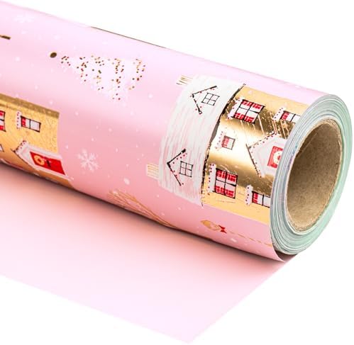 WRAPAHOLIC Reversible Christmas Wrapping Paper - Mini Roll - 17 Inch x 33 Feet - Pink House and Solid Pink Wrapping Paper with Metallic Foil Shine for Chrsitmas, Holiday, Party