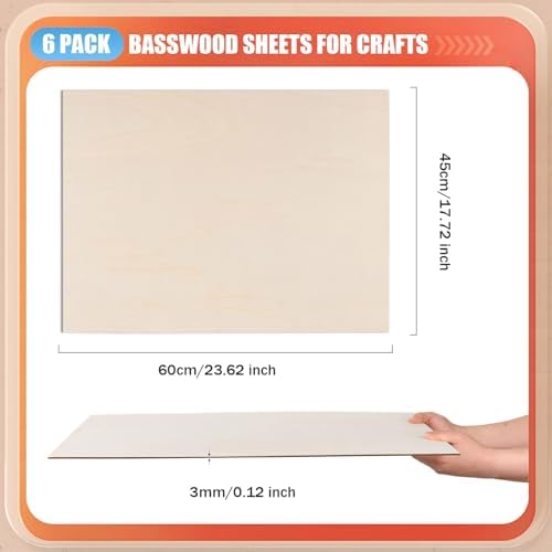 AWIZOM 6 Pack Basswood Sheets for Crafts-18 x 24 x 1/8 Inch- 3mm Thick Plywood Sheets with Smooth Surfaces Unfinished Wood Boards for Laser Cutting, Wood Burning, Architectural Models, Staining
