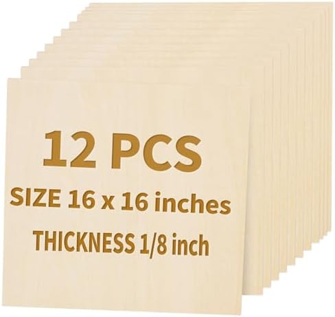 12 Pack Basswood Sheets for Crafts 16"x16"x1/8", 3mm Thick Plywood Sheets Board for Craft, Unfinished Wood Sheet for Laser Cutting & Engraving, Wood Burining, Painting, Staining，Architectural Model