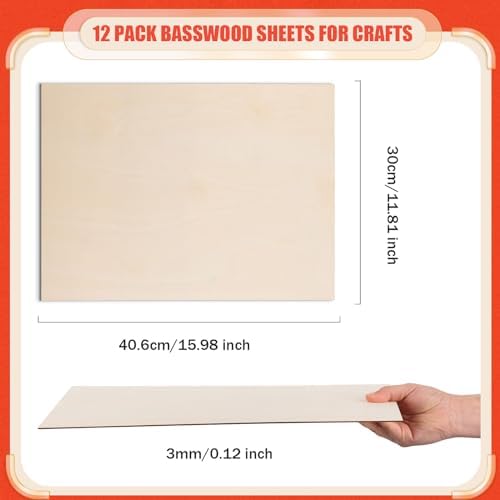 AWIZOM 12 Pack Basswood Sheets for Crafts-12 x 16 x 1/8 Inch- 3mm Thick Plywood Sheets with Smooth Surfaces Unfinished Wood Boards for Laser Cutting, Wood Burning, Architectural Models, Staining