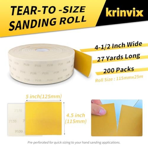 Pre-Cut Foam Back Sanding Sheets Roll, 4.5" x 27 Yards - 200 Perforated Sheets, 180 Grit Flexible Hand Sanding Paper for Wood, Metal, Auto Body, Paint, Curved Surface