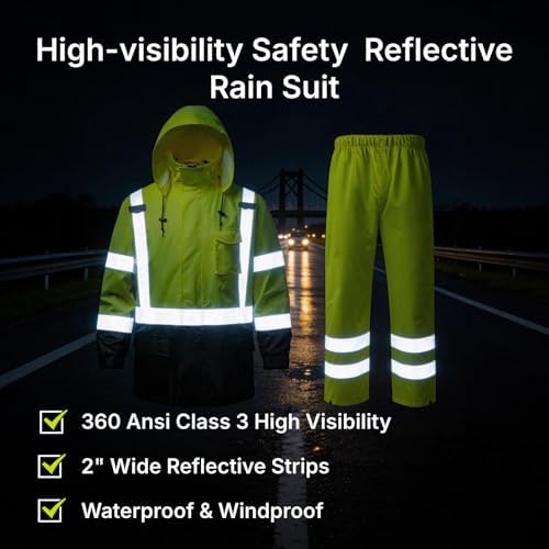 NORTHSKY Hi Vis Rain Jacket and Pants, Class 3 High Visibility Reflective Waterproof Rain Suit, Safety Work Rain Gear with Hood for Men Women (Large-XLarge)