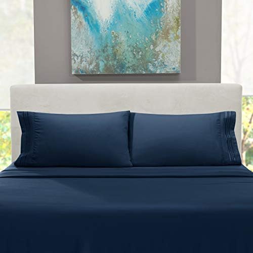 Hearth & Harbor Queen Size Sheets - 4 Piece Bed Sheet Set, Hotel Luxury Double Brushed Bed Sheets - Extra Soft Bedding Sheets & Pillowcases, Queen, Navy Blue