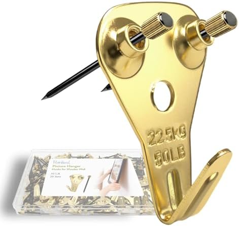 Picture Hangers Heavy Duty, Extra Thick, 50 lb, Decorative Hanging Hooks Hardware for Drywall and Plaster Walls with Large Nailers and Nails, Painting, 20pcs, Gold