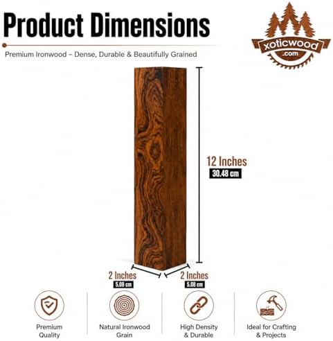 IECAP LLC Desert Ironwood Blanks Pack of 1 — Exotic Hardwood Lumber Block for Woodworking, Wood Carving & DIY Crafts — Natural Iron Wood for Knife Handles, Tool Grips & Pen Turning (12 x 2 x 2 in)