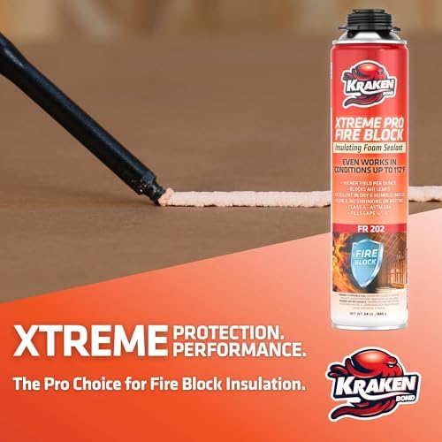 Kraken Bond Xtreme Pro Fire Block Expanding Foam Sealant (1x24oz), Professional Polyurethane Insulating Foam with Fire Block Technology, High Heat Resistant and Waterproof, Gun Included – 1 Pack