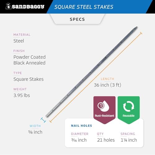 Sandbaggy 36" Square Steel Concrete Form Stakes with Nail Holes - 5/8" Wide - Rust Resistant Coating - Removable, Reusable - Construction Grade Stakes (10, 36 inch)