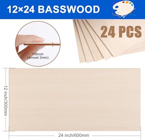 24 Pack Basswood Sheets 12"x24"x1/8", 3mm Basswood for Laser Cutting and Engraving,Thin Plywood Board Unfinished Wood for Crafts, DIY Ornaments and Architectural Model, Wood Burning.