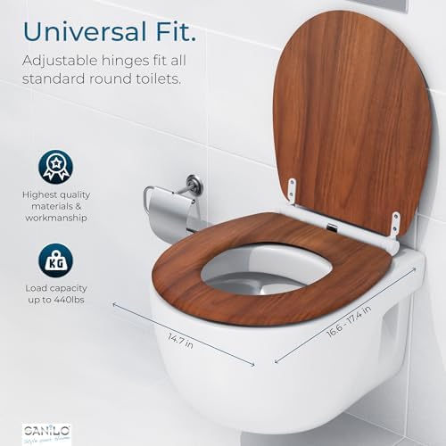 Sanilo Wooden Toilet Seat with Quick Release & Soft Close [ROUND] - Decorative & Slow Close Molded Wood Seat - With One Click for Easy Installation & Cleaning - With Adjustable Fit (Mahogany)