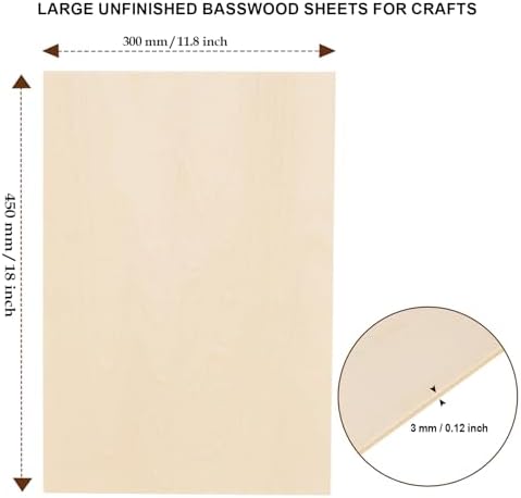 12 Pack Basswood Sheets for Crafts 12"x18"x1/8'', 3mm Thick Plywood for Laser Cutting & Engraving, Unfinished Bass Wood Board for Wood Burining, Painting, Pyrography, Staining, Architectural Model