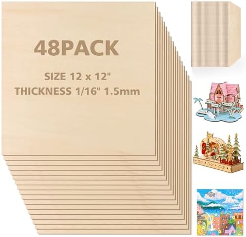 Adrattnay 48Pcs Basswood Sheets 1/16 x 12 x 12 inch - 1.5mm Basswood Sheets