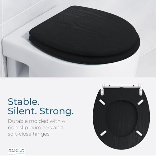 Sanilo Wooden Toilet Seat with Quick Release & Soft Close [ROUND] - Decorative & Slow Close Molded Wood Seat - With One Click for Easy Installation & Cleaning - With Adjustable Fit (Black Wood)