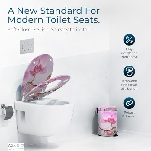 Sanilo Wooden Toilet Seat with Quick Release & Soft Close [ROUND] - Decorative & Slow Close Molded Wood Seat - With One Click for Easy Installation & Cleaning - With Adjustable Fit (Blooming)