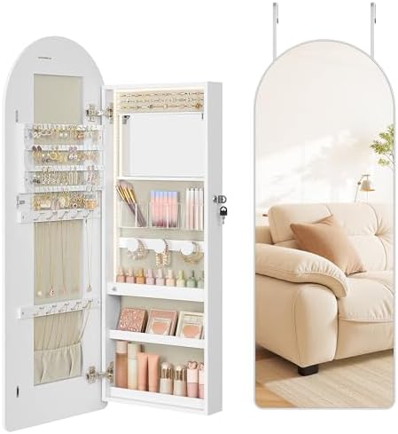 SONGMICS Wide Jewelry Organizer, Wall/Door Mounted, LED Cabinet, Lockable
