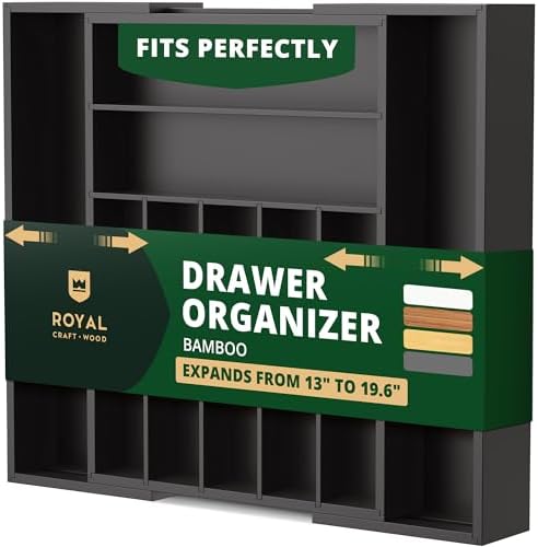 ROYAL CRAFT WOOD Luxury Bamboo Kitchen Drawer Organizer - Silverware Organizer - Utensil Holder and Cutlery Tray with Grooved Drawer Dividers for Flatware and Kitchen Utensils (9 Slot, Black)