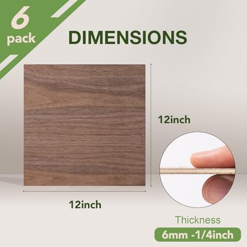 Rowood 6 Pack Walnut Plywood 1/4,12x12x1/4inch,Thin 6mm Unfinished Plywood for Laser Cutting & Engraving,DIY Adult Craft Project Kits for Ornaments, Models Drawing,Wood Burning