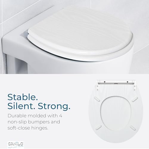 Sanilo Wooden Toilet Seat with Quick Release & Soft Close [ROUND] - Decorative & Slow Close Molded Wood Seat - With One Click for Easy Installation & Cleaning - With Adjustable Fit (White Wood)