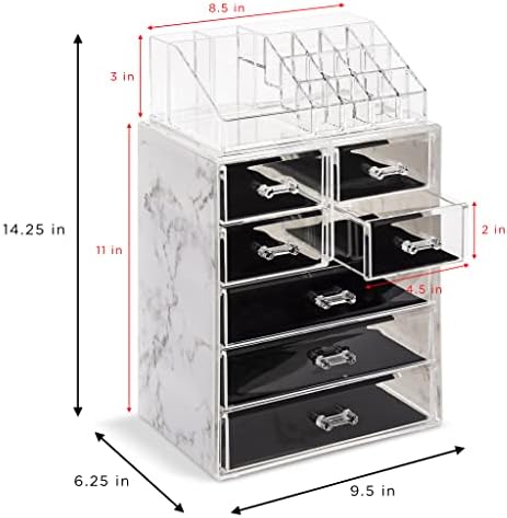 Sorbus Makeup Organizer, 7-Drawer Acrylic 2-Piece Set (Marble Print)