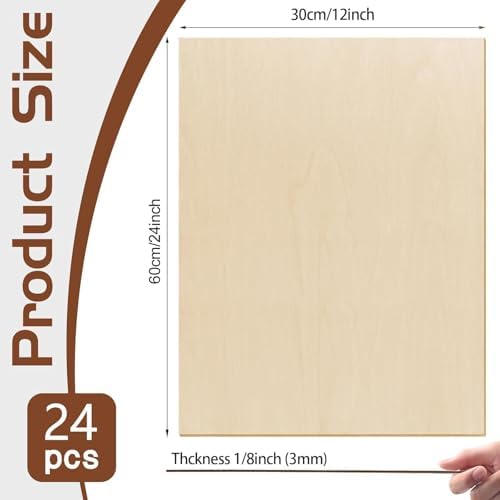 24 Pcs Basswood Sheets Plywood, 12 x 24 x 1/8 Inch - 3mm Thick Unfinished Wood Board for Crafts for Laser Cutting & Engraving, School DIY Projects, Painting, Fretwork, CNC Cutting, and Wood Burning
