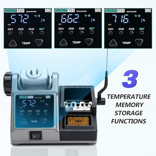 SUGON T21 Digital Soldering Iron Station 120w, Use 9 Soldering Iron Tip 3 Seconds Fast Heat up 716℉, 3 Temperature Memory Storage, 212℉-842℉, Auto Sleep, C / °F, Quick Change Soldering Tip Holder