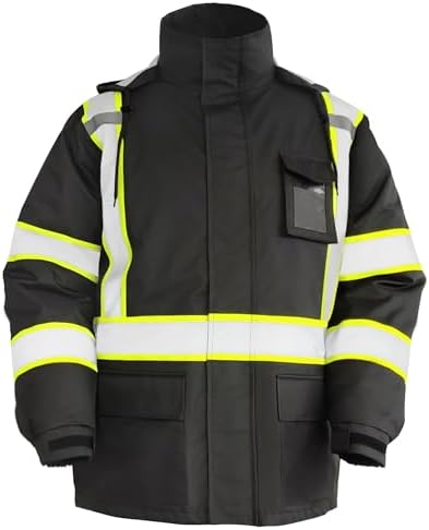 FATONE Hi Vis Rain Jacket for Men Lightweight Reflective Safety Rain Gear Waterproof with Hood, Class 3 Work Raincoat ANSI/ISEA Tested Black S/M