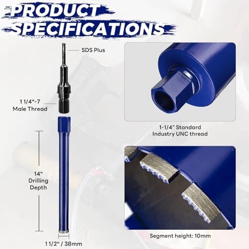 1-1/2" Concrete Core Drill Bit with SDS Plus Adapter(1-1/4"-7 Thread) - 14" Cutting Depth & Upgraded Welded Teeth Core Bits for Concrete with Rebar, Brick, Masonry,Stucco,Wet Coring