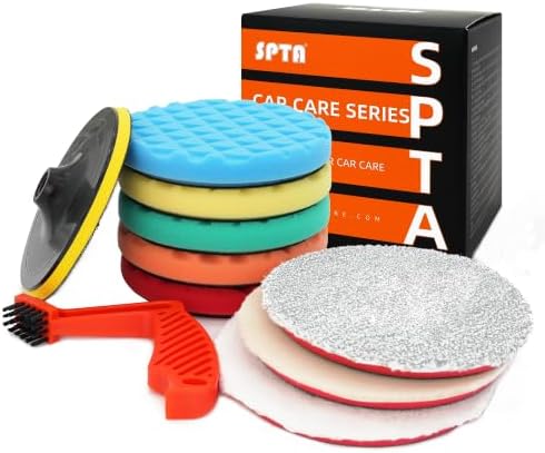 SPTA 10pcs Polishing Pads Kit, 7 Inches Large Size Buffing Pads, Car Foam Buffing Sponge Pads Kit with 5/8"-11 Backing Plate for Car Waxing Polishing