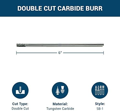 Benchmark Abrasives 6” Cylindrical Shape End Cut Double Cut Tungsten Carbide Die Grinder Bits Metal Deburring Tool Rotary Burr, 1/4 Inch Shaft, Engraving Tool for Woodworking Shaping Carving (SB-1)