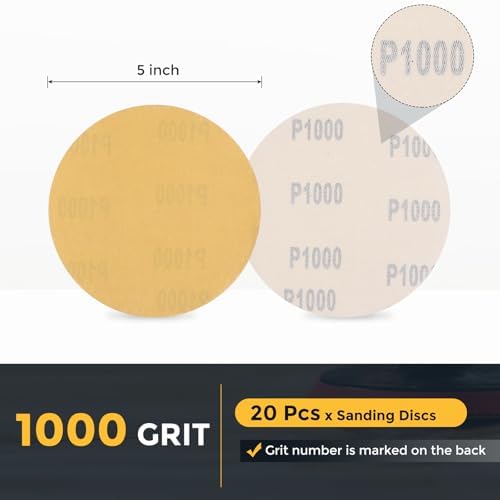 HARFINGTON 20 Pcs 5 Inch Sanding Discs 1000 Grit Yellow Aluminum Oxide