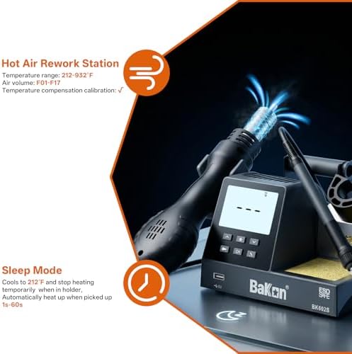 BK602S 2 in1 Soldering Iron Hot Air Rework Station,Digital Soldering Welding Iron Kit for Electronic DIY Circuit Work, Rapid Heat up Solder Station,Auto Sleep,ºC/ºF Conversion