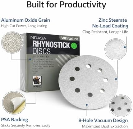 Indasa 5" 8-Hole WhiteLine Rhynostick PSA Sanding Discs (56 Series), Aluminum Oxide Vacuum Sandpaper, 40–400 Grit, Pressure Sensitive Adhesive, 50 or 100 Discs (5 Inch, 8 Holes, 400, Extra Fine)