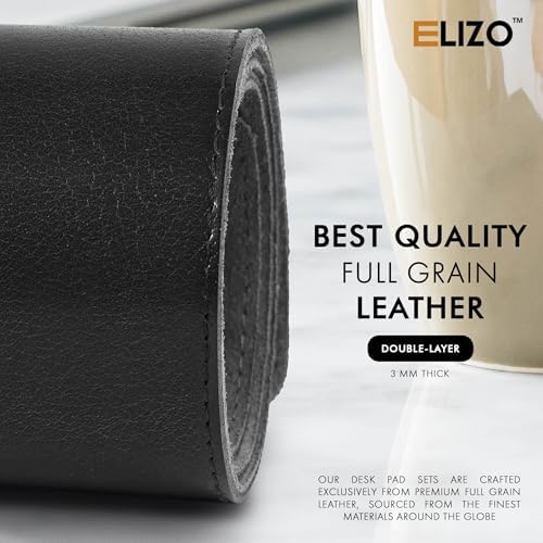 ELIZO Leather Desk Pad Real Leather Desk Mat Thick (3mm) Double Layer (32x16) Cover Blotter Desk Protector Large Computer Mat for Keyboard Mouse Pad Table Laptop Mat Office Accessories - Carbon