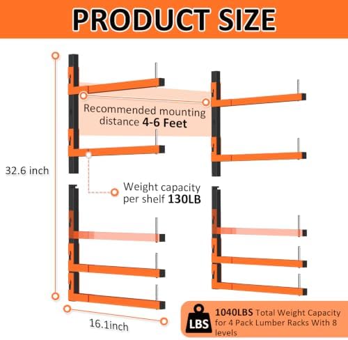 4 Pack Lumber Storage Rack, Wall Mount Removable & Adjustable Lumber Rack with 8-Level Holds Up 1040 Lbs, Heavy Duty Metal Garage Wood Rack for Workshop, Basement, Indoor and Outdoor