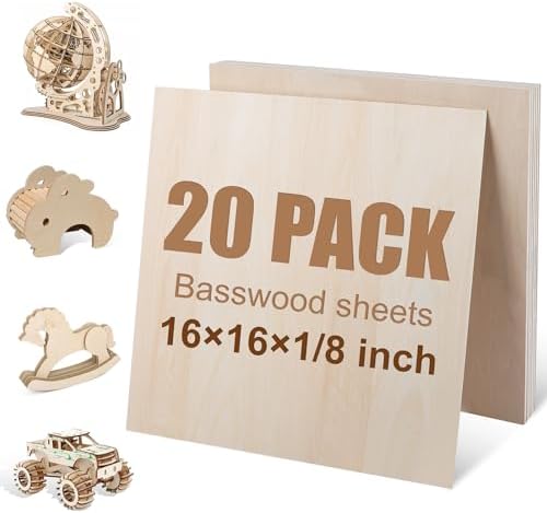 20 Pack Basswood Sheets 16"x16"x1/8", 3mm Basswood for Laser Cutting and Engraving,Thin Plywood Board Unfinished Wood for Crafts, DIY Ornaments and Architectural Model, Wood Burning.