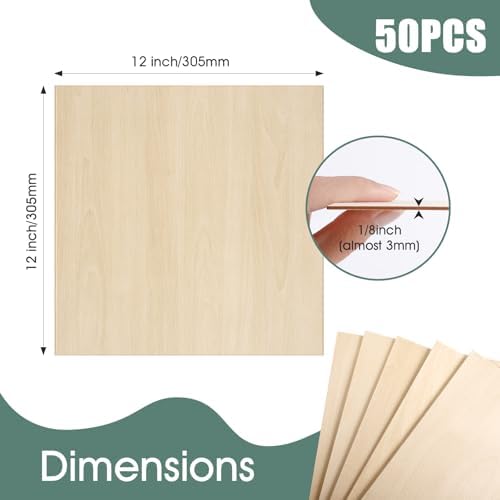 50 Pack Basswood Sheets 1/8x12x12 Inch 3mm Basswood for Laser Cutting, Drawing,Wood Burning, Architectural Models.Plywood Sheets Unfinished Wood Sheets for DIY Crafts.
