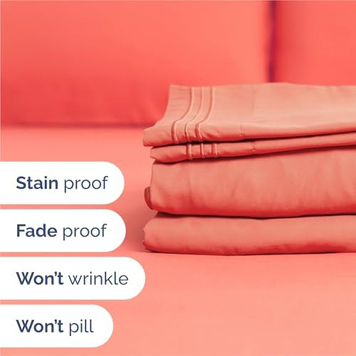 Split King Size 5 Piece Sheet Set - Breathable & Cooling Sheets - Coral