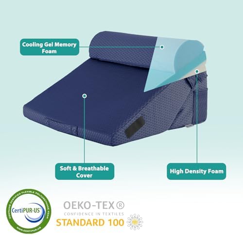 Bedluxe Adjustable 4pcs Bed Wedge Pillow Set, Memory Foam Wedges Pillow Post Surgery for Back, Neck, Leg Pain Relief, Pillows Wedge for Sleeping, Sitting up in Bed, Acid Reflux and GERD, Navy Blue