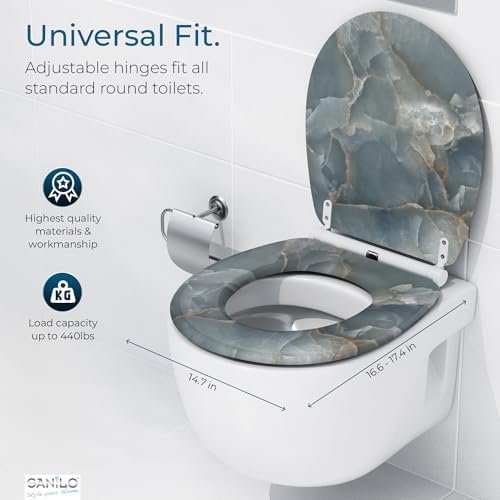 Sanilo Wooden Toilet Seat with Quick Release & Soft Close [ROUND] - Decorative & Slow Close Molded Wood Seat - With One Click for Easy Installation & Cleaning - With Adjustable Fit (Marble Italia)
