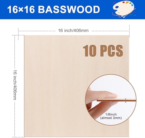 10 Pack 16x16x1/8 Inch Basswood Sheets, Large Size Basswood for Laser Cutting & Engraving, Plywood Wood Board Unfinished Wood Sheets for Crafts, DIY Architectural Models, Wood Burning and Painting.
