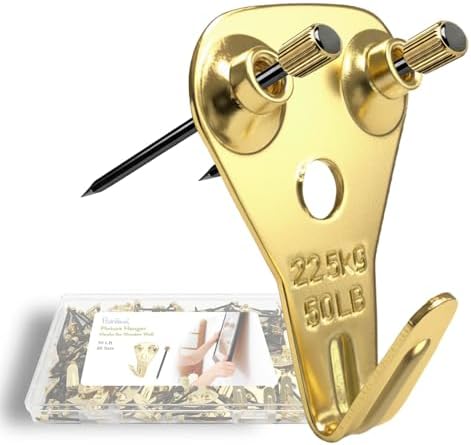 Picture Hangers Heavy Duty, Extra Thick, 50 lb, Decorative Hanging Hooks Hardware for Drywall and Plaster Walls with Large Nailers and Nails, Painting, 80pcs, Gold