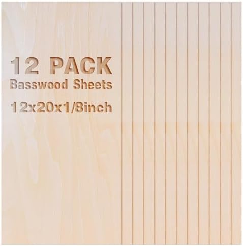 12 Pack Basswood Sheets 1/8x20x12 Inch, Unfinished Wood for Crafts, 3mm Basswood for Laser Cutting Engraving, Wood Burning, Architectural Models, Plywood Board for Painting. (20x12x1/8inch)