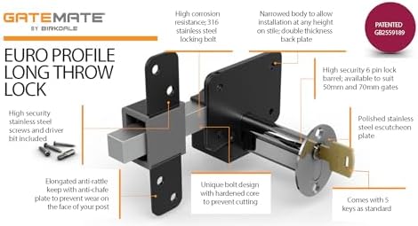 GateMate Long Throw Gate Lock, Euro Profile Keyed Both Sides Gate Lock for Sheds, Gates & Garage Doors, 316 Stainless Steel, For Wooden Gates & Doors Up to 2 ¾” Thick, Black, 5 Keys