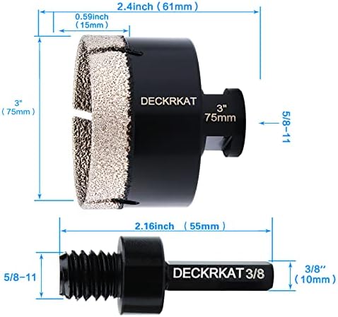 Diamond Hole Saw, 3" Hole Saw for Tiles Granite Marble Ceramic Glass Porcelain, 75mm Core Drill Bit with 5/8-11 Thread and 3/8” Hex Shank Adapter for Angle Grinders & Drills
