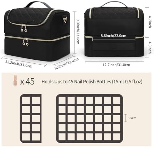 CUBETASTIC Nail Polish Organizer, Portable Nail Polish Storage Case Holds 45 Bottles Nail Polish & Nail Lamp, Travel Nail Supplies Organizer for Nail Tech Kit & Manicure Tools