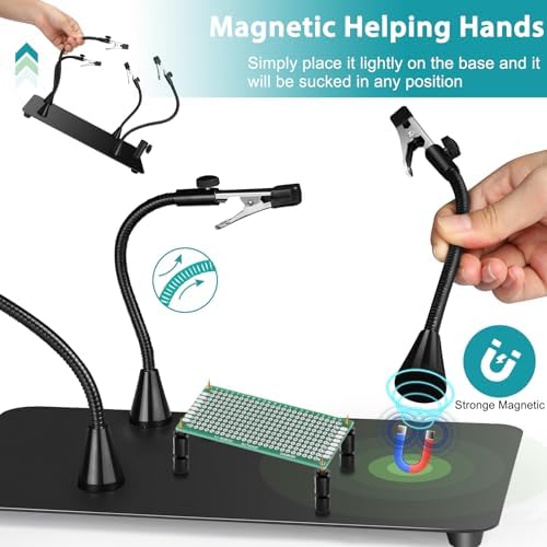 Helping Hands Soldering Station, 12X Magnifying Glass with Light with Soldering Clamp, 4 Magnetic Third Hand & 4 PCB Holders, 360° Hot Air Gun Holder, Desk Lamp for Soldering Repair Jewelry