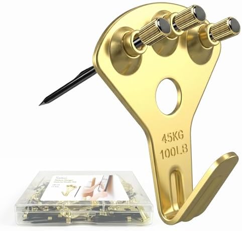 Picture Hangers Heavy Duty, Extra Thick, 100 lb, Decorative Hanging Hooks Hardware for Drywall and Plaster Walls with Large Nailers and Nails, Painting, 15pcs, Gold